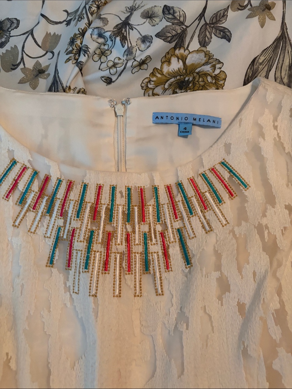 Antonio Melani Ivory‎ Textured Cap-Sleeve Dress with Embellished Neckline - Picture 2 of 3